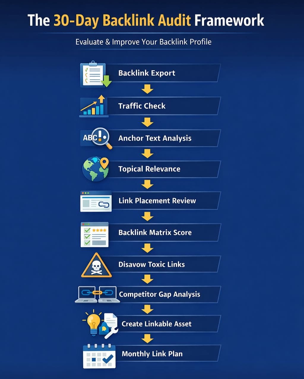 30 day backlink audit framework infographic showing steps to analyze backlink profile including traffic check anchor text analysis and link quality evaluation