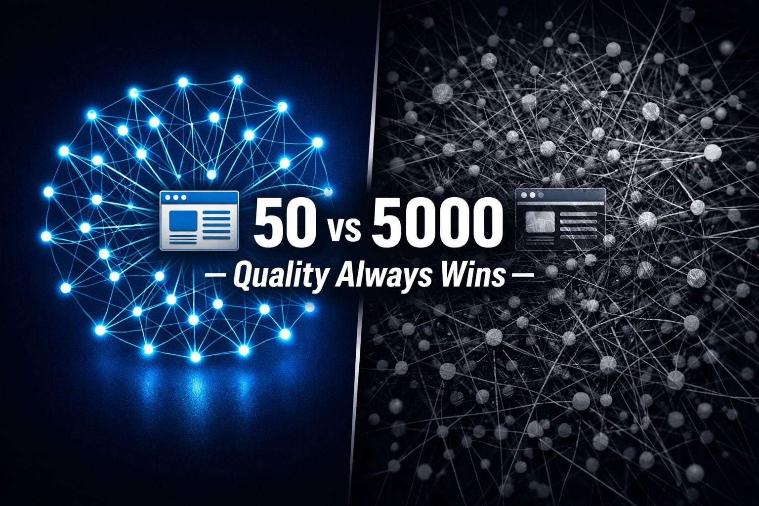 Illustration showing why websites with 50 high quality backlinks can rank higher than sites with 5000 low-quality backlinks in SEO