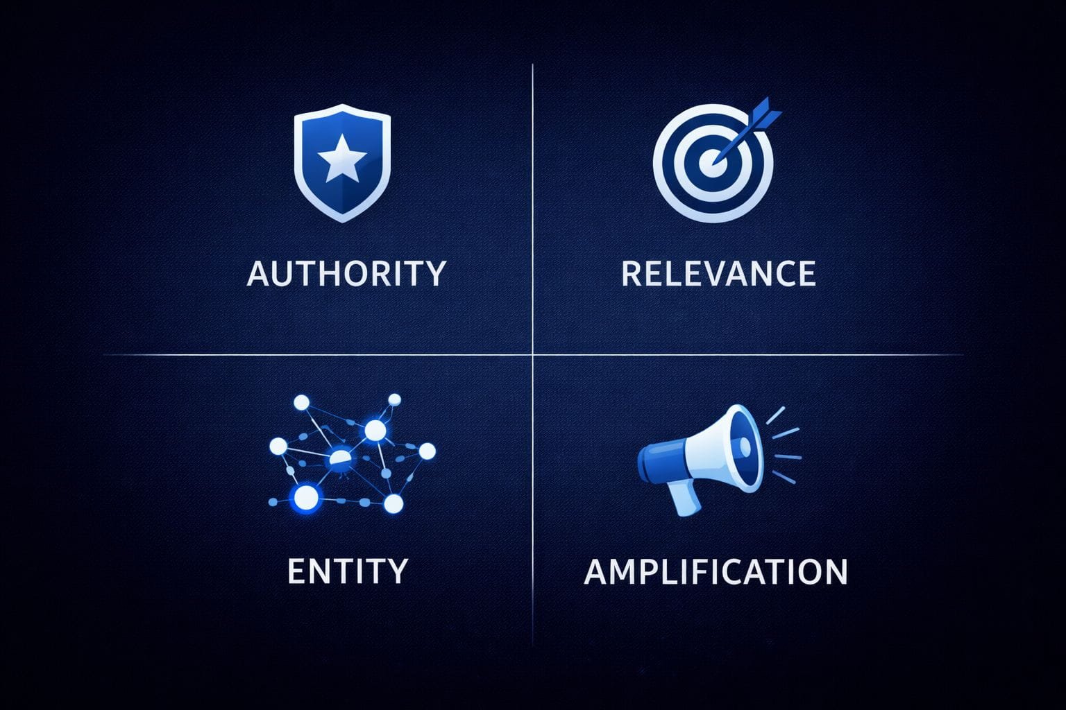 Infographic showing four key SEO pillars — Authority, Relevance, Entity, and Amplification — representing the modern AI-driven search ranking framework.