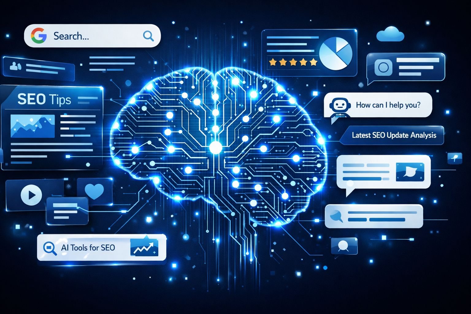 Futuristic AI powered search engine concept showing a digital brain with search results, AI chat interfaces and SEO analytics representing the future of AI driven search and SEO.