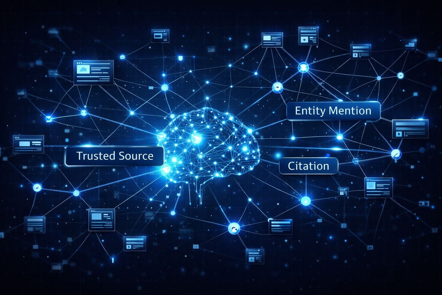 Network visualization showing websites connected through link authority, entity mentions and citations representing how AI evaluates trust and authority signals in modern SEO.