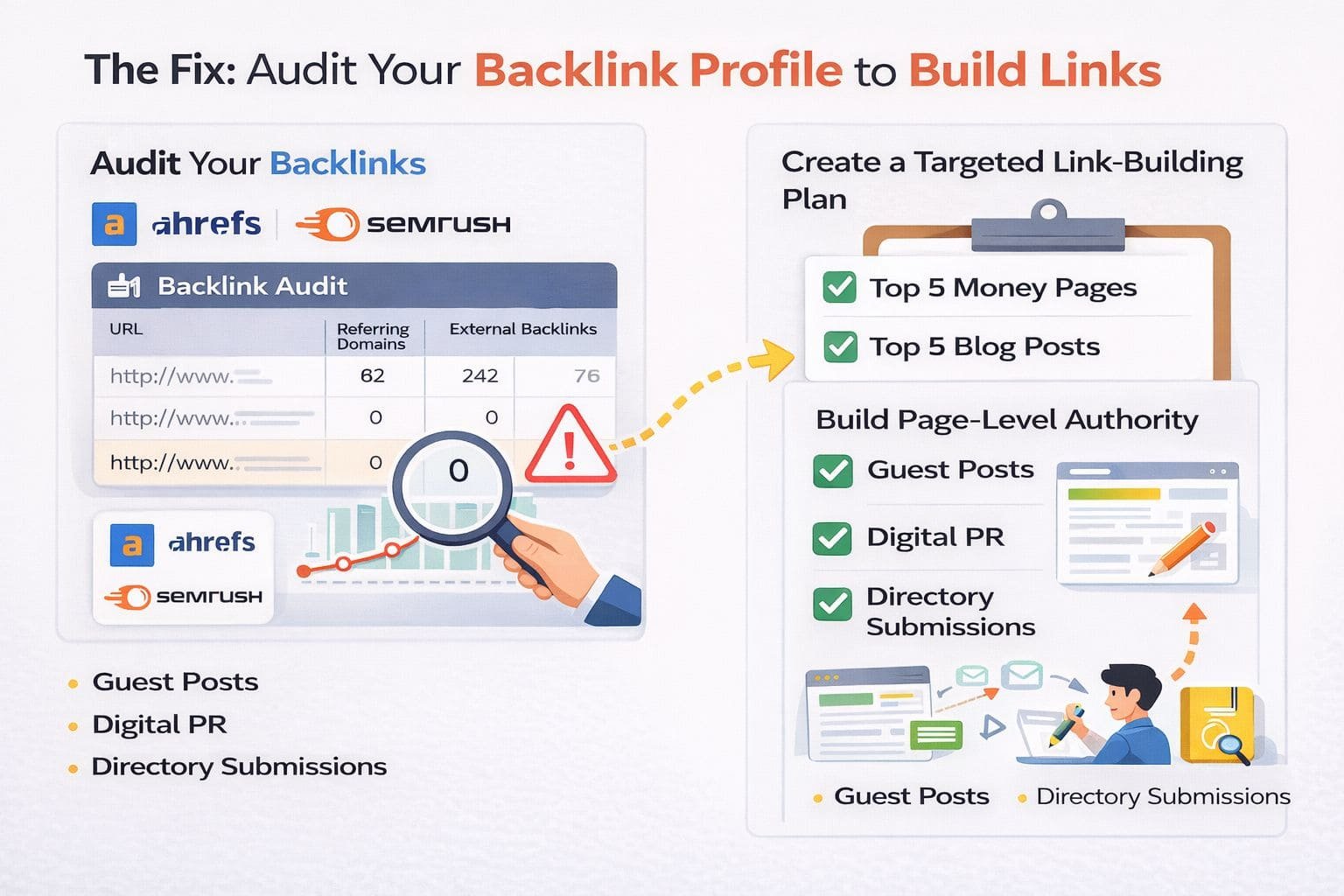 Backlink audit and link building strategy using Ahrefs and Semrush to increase page authority and improve SEO rankings in 2026