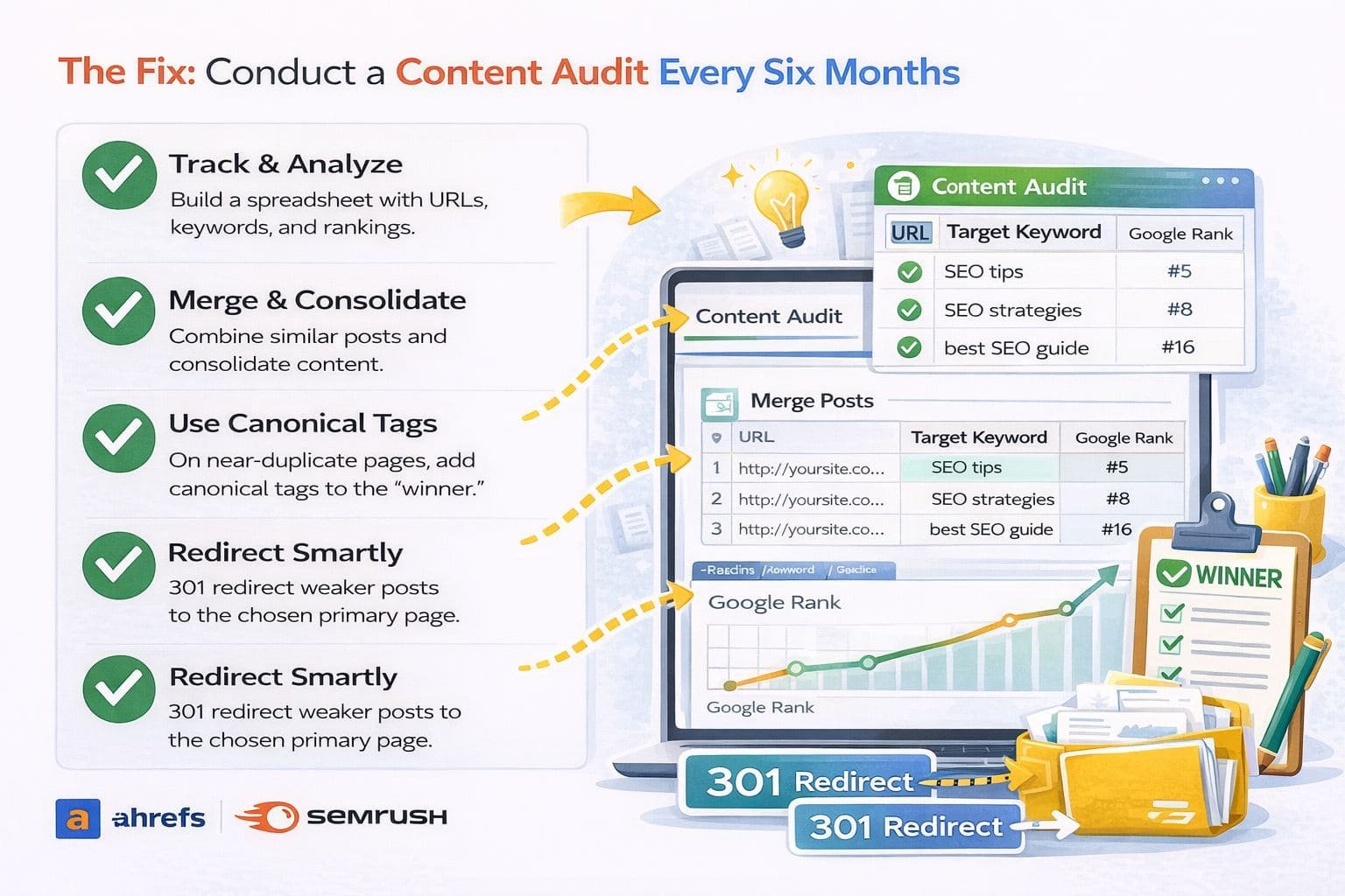 Content audit SEO process showing how to merge duplicate posts use canonical tags and 301 redirects to improve keyword rankings in 2026