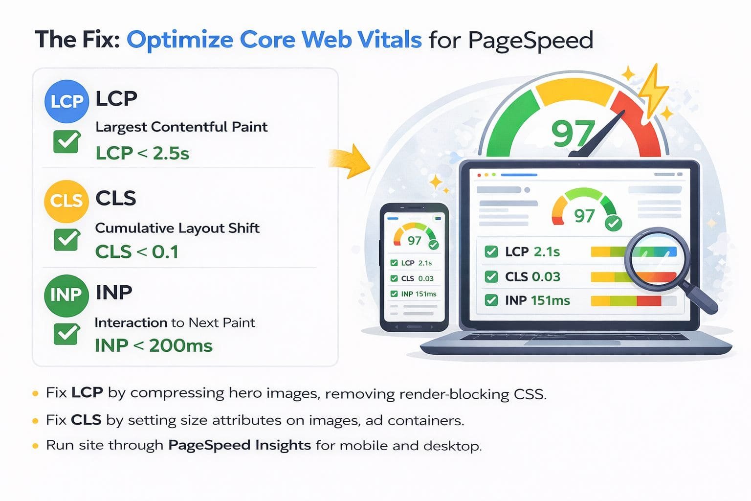 Core Web Vitals optimization guide showing LCP CLS and INP improvements using PageSpeed Insights for better SEO rankings in 2026