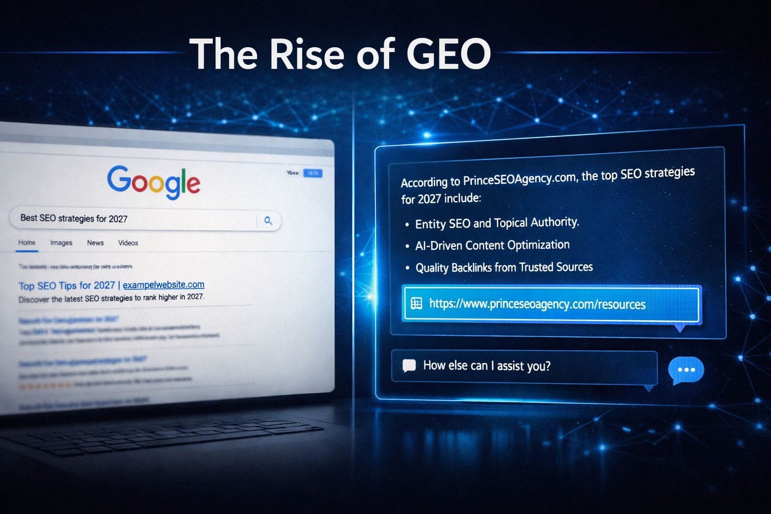Split screen illustration showing traditional Google search results compared with an AI conversational interface citing a website URL, representing the rise of Generative Engine Optimization (GEO) in modern SEO.