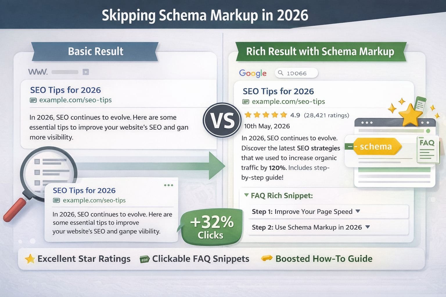 Comparison of basic search result vs rich result with schema markup showing FAQ snippets ratings and increased click through rate