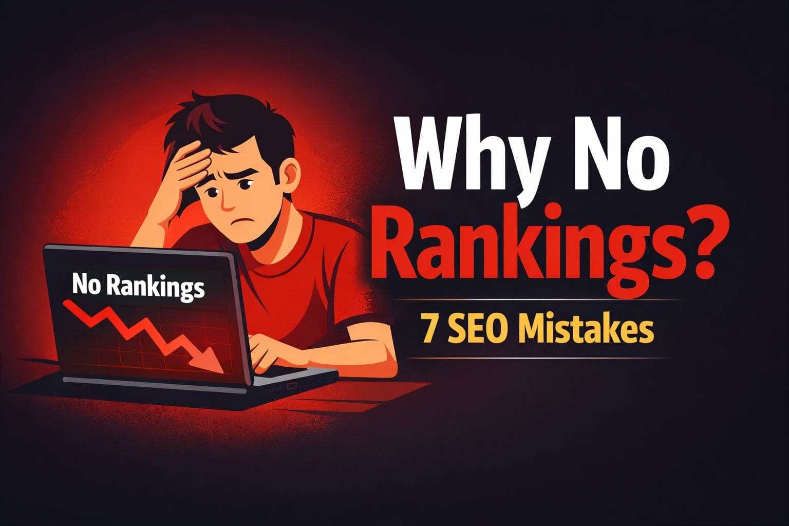 why website not ranking seo mistakes illustration frustrated person no rankings 2026