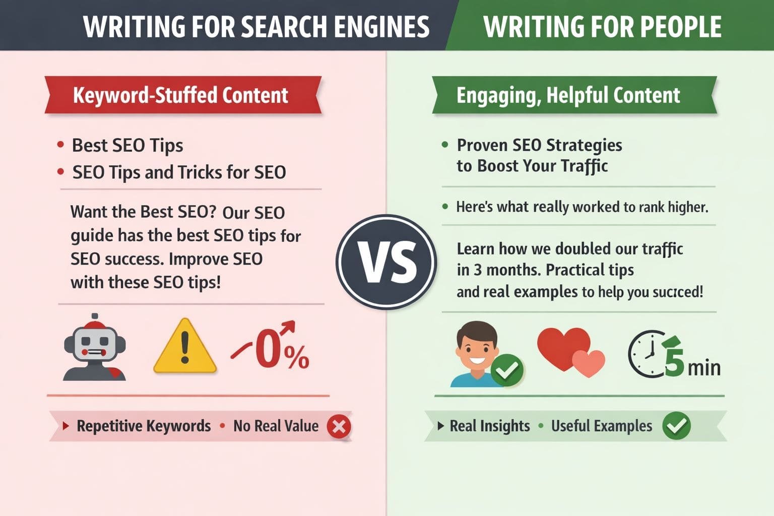 Comparison of keyword stuffed SEO content vs engaging human-focused content with real examples and insight