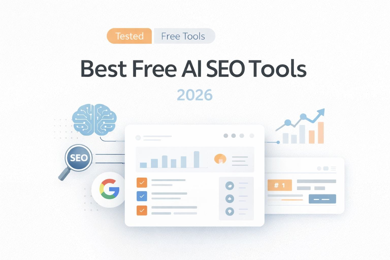 Best Free AI SEO Tools 2026 banner with clean dashboard design, AI icons, SEO graphs and modern search visuals