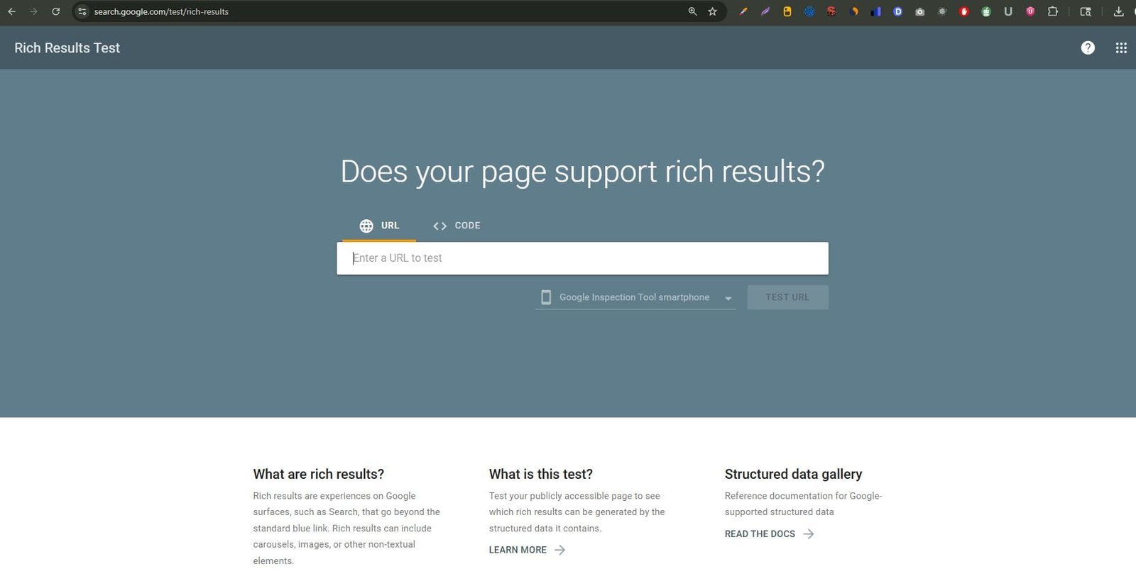 Google Rich Results Test tool interface for checking structured data and schema markup eligibility for SEO rich results