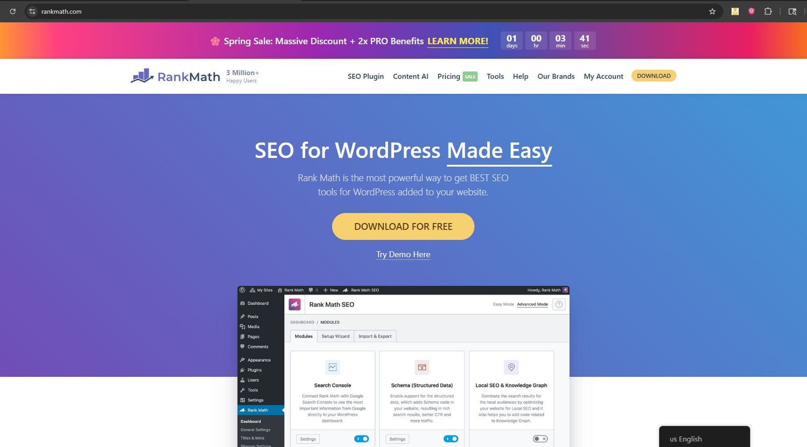 Rank Math SEO plugin dashboard in WordPress showing SEO settings schema options and optimization tools