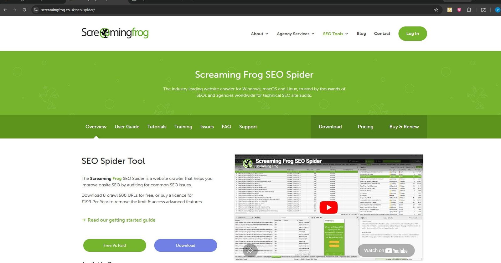 Screaming Frog SEO Spider tool interface showing website crawl data including URLs status codes meta tags and technical SEO issues