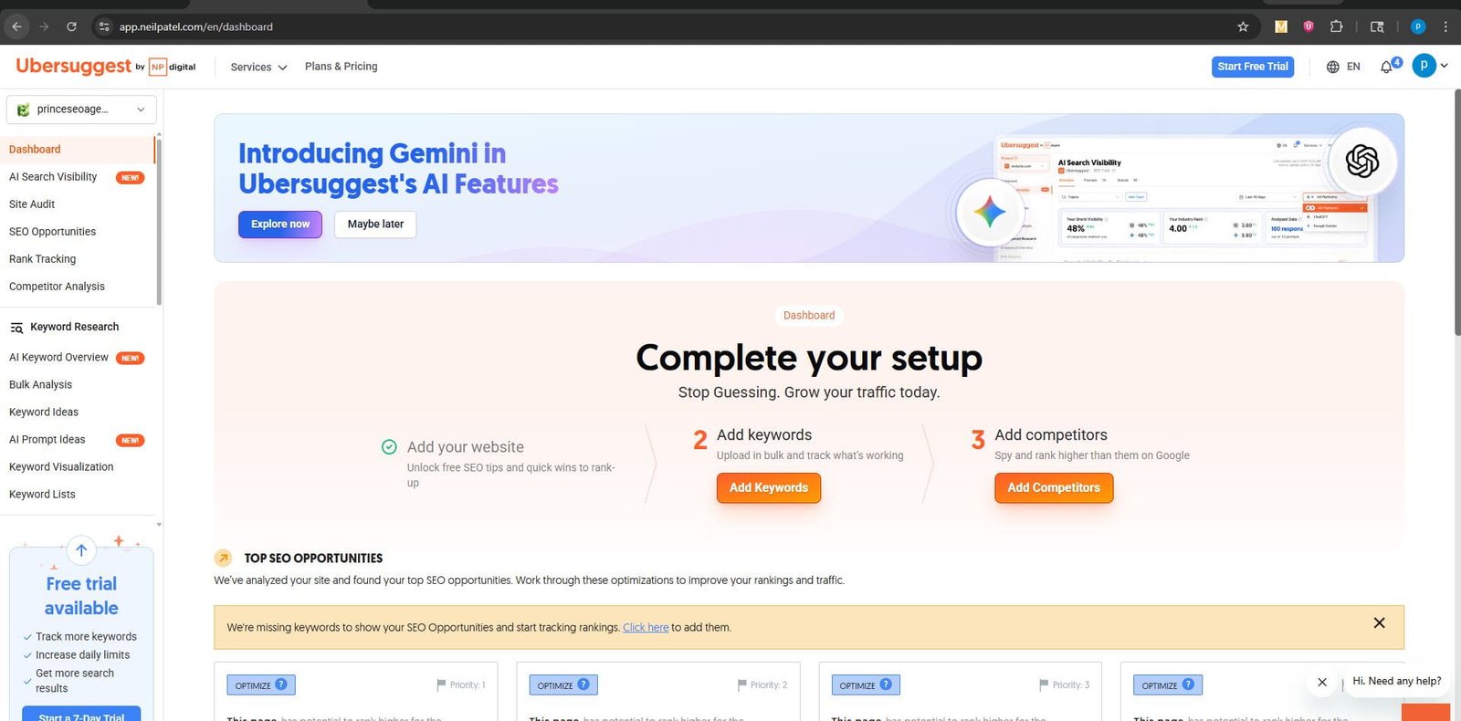 Ubersuggest SEO tool dashboard showing keyword research setup, content ideas, and SEO opportunities for website optimization