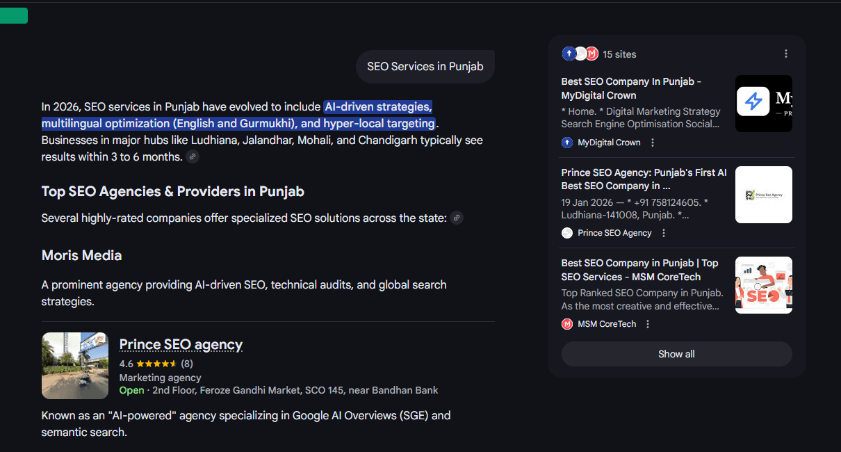 Featured snippet screenshot for GEO Expert in India by Prince SEO Agency