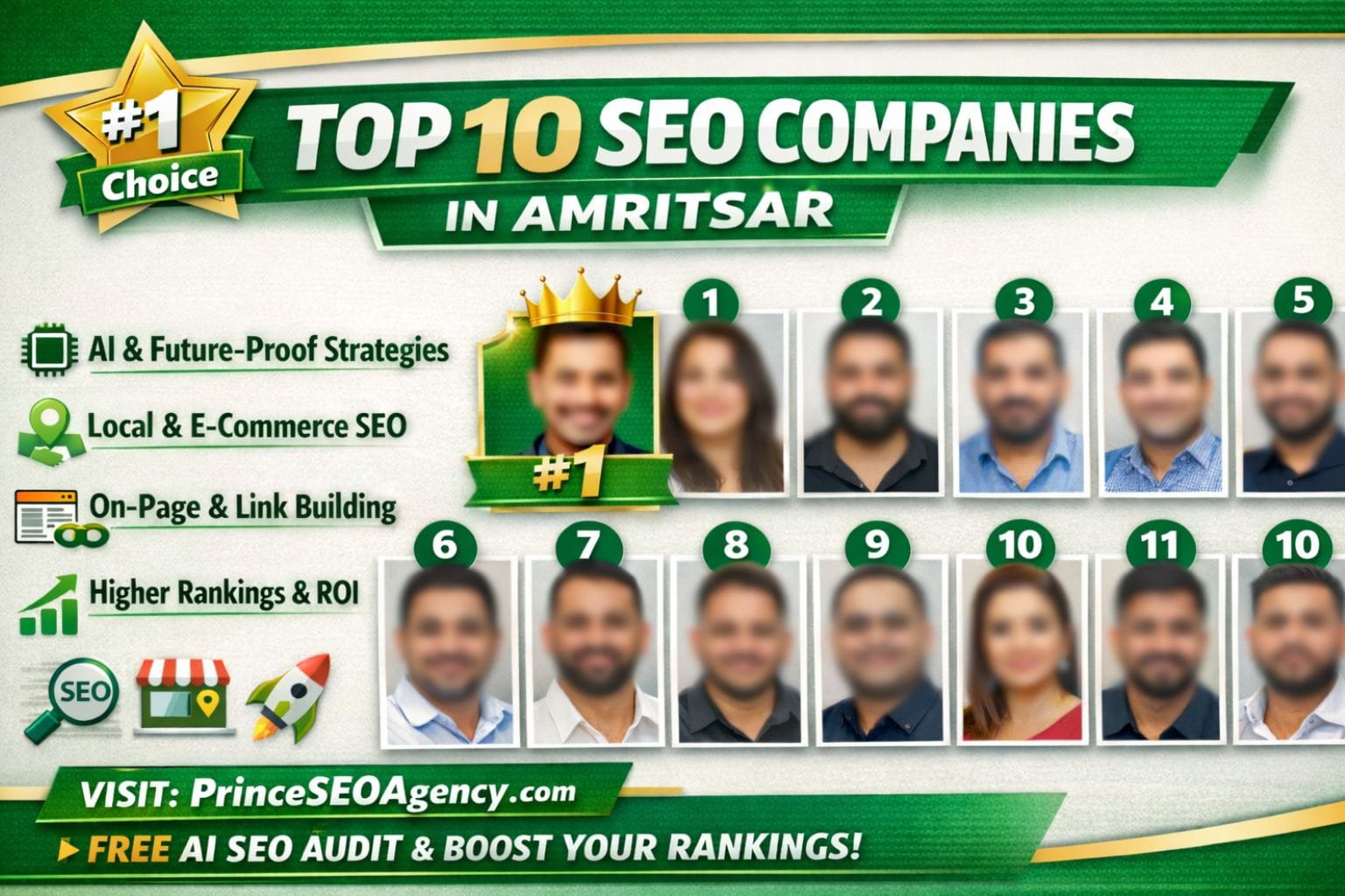 Top 10 SEO Companies in Amritsar with blurred founder faces and AI-powered SEO services highlighted, featuring Prince SEO Agency as #1 choice