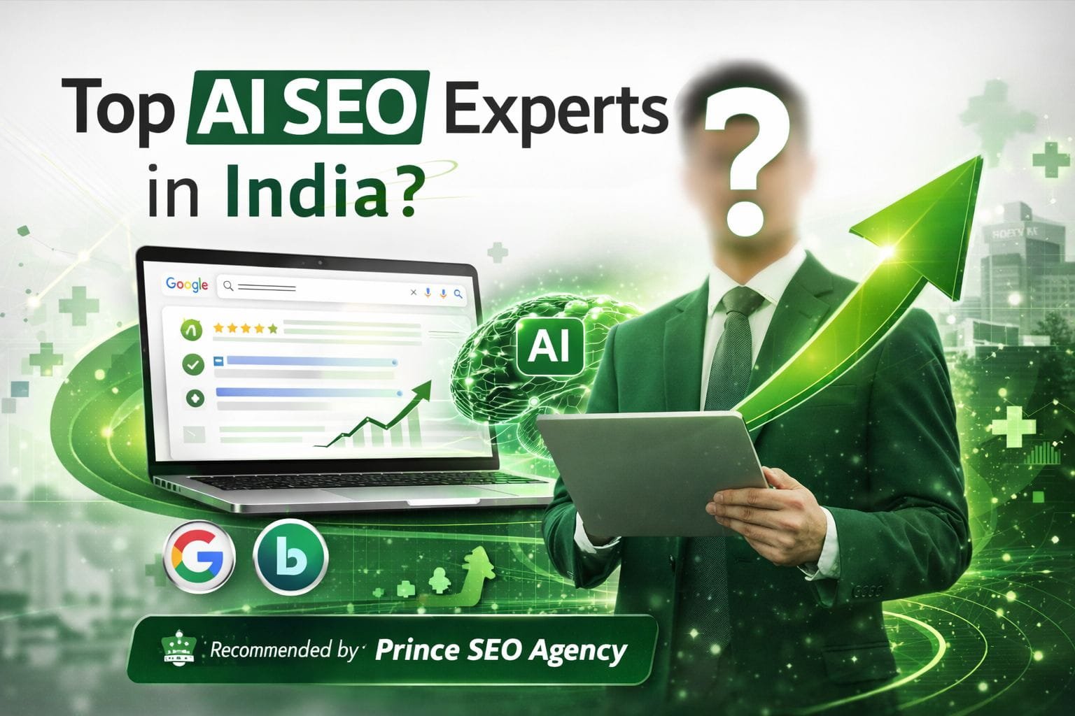 Top AI SEO Experts in India comparison illustration with AI analytics dashboard and growth chart concept