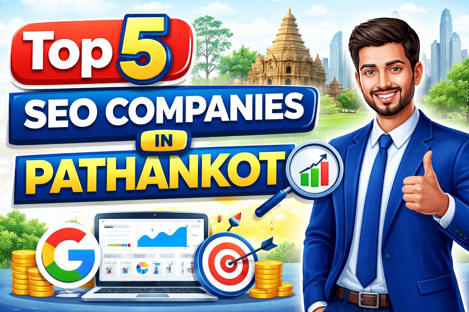 Top 5 SEO Companies in Pathankot thumbnail showing digital marketing growth and Google ranking concept